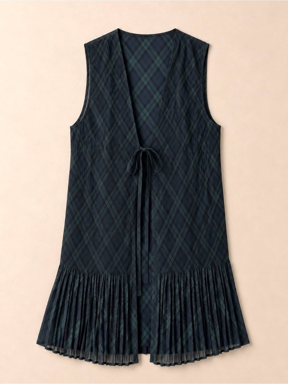 Vintage Elaine Green Blue Tartan Plaid Crinkle Tie Front Long Vest Pleated Tunic
